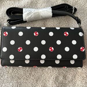 Black Polka Dot Crossbody Wallet with Red Accent
